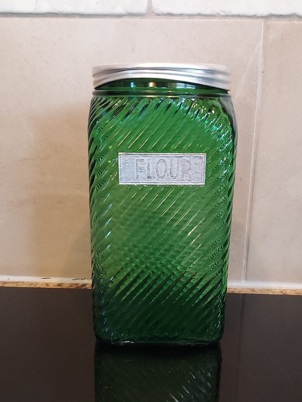 Vintage Green Glass Flour Canister Jar